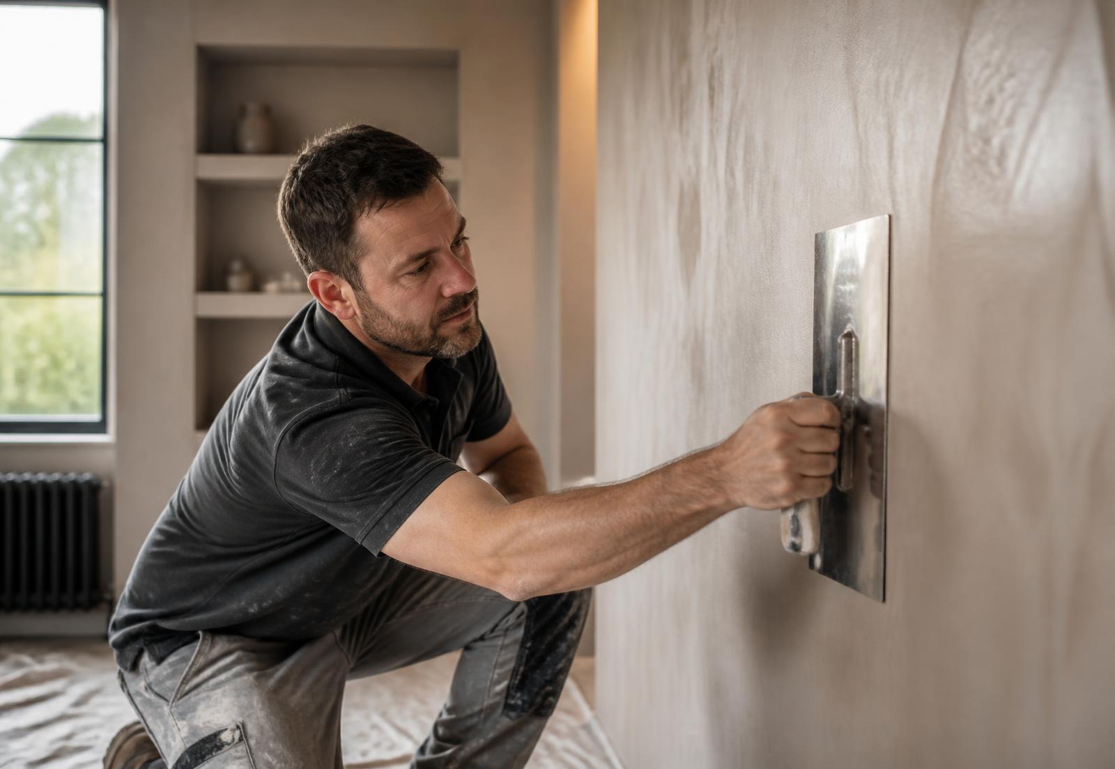 Plasterer applying a smooth skim finish to an interior wall in a Sutton home
